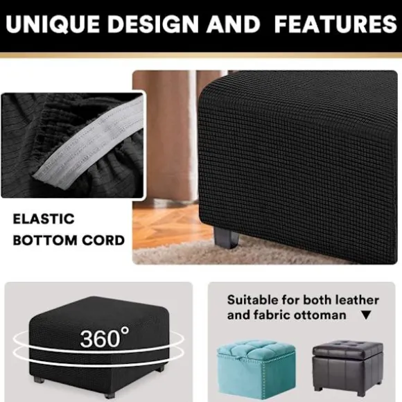 Jacquard Stretch Square Ottoman Cover Sofa Stool Cover Soft Square Footstool Covers Vaskbar Aftagelig (Sort, 27-32 tommer/68-81 cm)