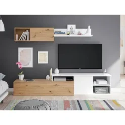 JULIA vendbart tv-skab - Hvid og eg melamin - 2 hængslede låger - L220 x D40 x H 44 cm Nodi ek och vit artik