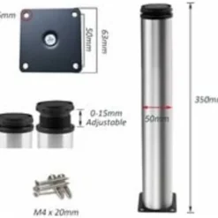 Justerbare ben 350 mm højde Tykke skabsben Bordben Møbelben, børstet rustfrit stål, justerbar højde 0-15 mm
