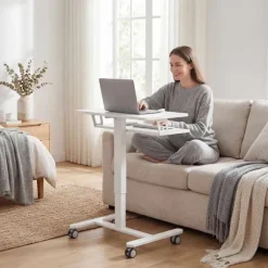 Justerbart, rullende hæve-sænkebord med tastaturbakke, hvid