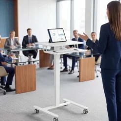 Justerbart, rullende hæve-sænkebord med tastaturbakke, hvid
