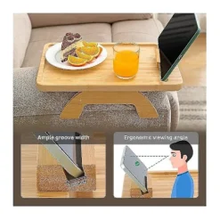Kaffebordbakke i bambus - Sidebord med clips til brede sofaer, sammenklappelig armlænsbakke med 360° drejelig overflade