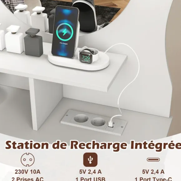 Kat-formet frisør med LED-spejl COSTWAY, justerbar lysstyrke, ladestation, åben hylder, 2 skuffer, hvid Vit