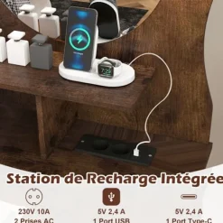 Katteformet Frisørsalon med LED Spejl COSTWAY, Justerbar Lysstyrke, Opladningsstation, 3 Hylder, 2 Skuffer, Rustik Brun Rustik brun