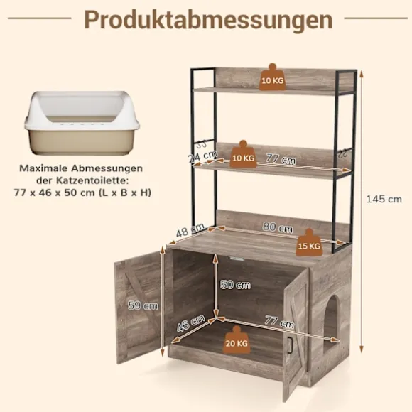 Kattegrusskab med bogreol, grå, multifunktionel