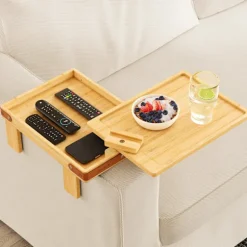 [KK] Drejeligt armlæn kompatibelt med sofa - 2-lags sofabakke med opbevaringsrum - Træ sidebord kompatibelt med stue Natural Wood Color