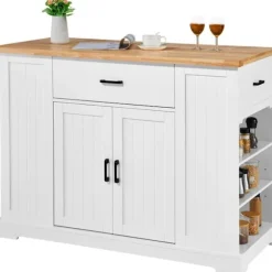 Køkkenø - DUOKU - SR231332 - Træ og Hvid - Skuffe - Justerbar Hylde - Landlig Stil Trä och vit färg