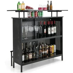 Køkken barbord med 2 vinreoler & 6 glasholdere & justerbare fødder 120 x 50 x 106,5 cm sort