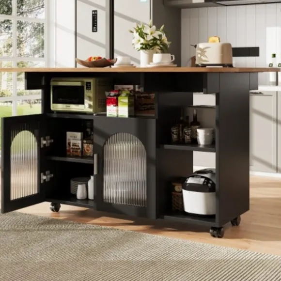 Køkkenø med aftagelig serveringsvogn, multifunktionel med opbevaringsplads, trælook, sort, moderne Black + Natural