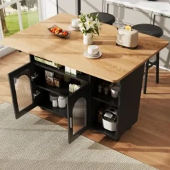 Køkkenø med aftagelig serveringsvogn, multifunktionel med opbevaringsplads, trælook, sort, moderne Black + Natural