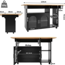 Køkkenø med aftagelig serveringsvogn, multifunktionel med opbevaringsplads, trælook, sort, moderne Black + Natural