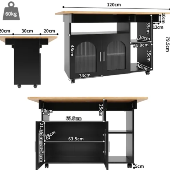 Køkkenø med aftagelig serveringsvogn, multifunktionel med opbevaringsplads, trælook, sort, moderne Black + Natural