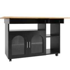 Køkkenø med aftagelig serveringsvogn, multifunktionel med opbevaringsplads, trælook, sort, moderne Black + Natural