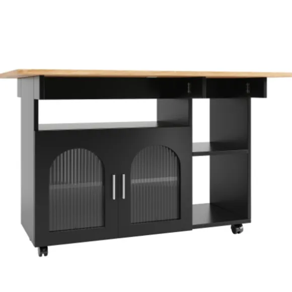 Køkkenø med aftagelig serveringsvogn, multifunktionel med opbevaringsplads, trælook, sort, moderne Black + Natural