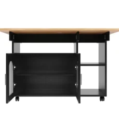 Køkkenø med aftagelig serveringsvogn, multifunktionel med opbevaringsplads, trælook, sort, moderne Black + Natural