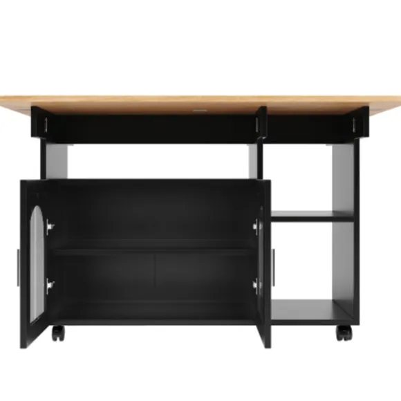 Køkkenø med aftagelig serveringsvogn, multifunktionel med opbevaringsplads, trælook, sort, moderne Black + Natural