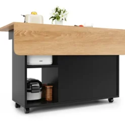 Køkkenø med aftagelig serveringsvogn, multifunktionel med opbevaringsplads, trælook, sort, moderne Black + Natural