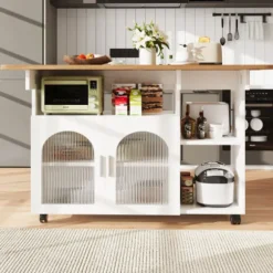 Køkkenø med aftagelig serveringsvogn, multifunktionel med opbevaringsplads, trælook, hvid, moderne Natural + Silver+Grey + White
