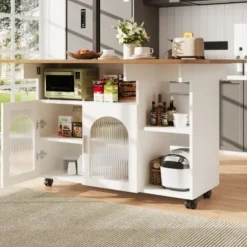 Køkkenø med aftagelig serveringsvogn, multifunktionel med opbevaringsplads, trælook, hvid, moderne Natural + Silver+Grey + White
