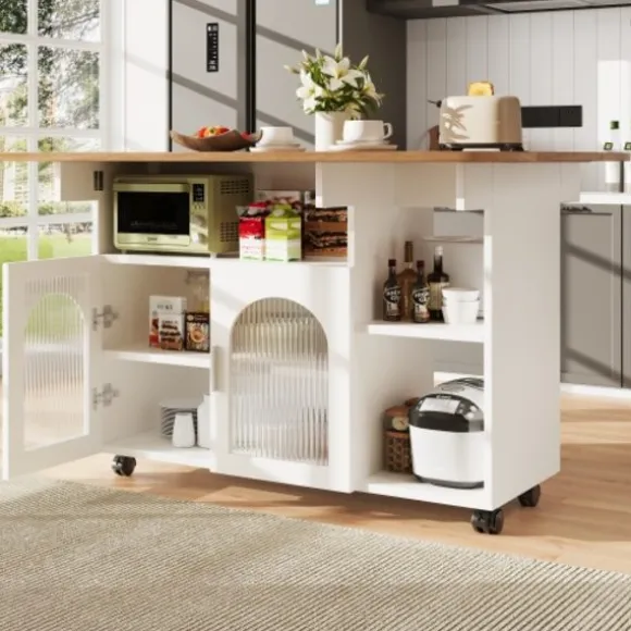 Køkkenø med aftagelig serveringsvogn, multifunktionel med opbevaringsplads, trælook, hvid, moderne Natural + Silver+Grey + White