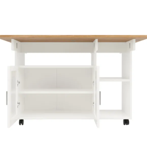 Køkkenø med aftagelig serveringsvogn, multifunktionel med opbevaringsplads, trælook, hvid, moderne Natural + Silver+Grey + White