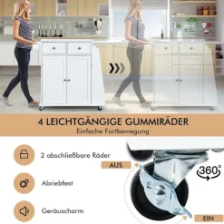 Køkkenø med opbevaring rullende serveringsvogn i gummi 88 x 46 x 89,5 cm Hvid