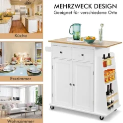 Køkkenø med opbevaring rullende serveringsvogn i gummi 88 x 46 x 89,5 cm Hvid
