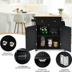 Køkkenø med opbevaring Rullende serveringsvogn af gummitræ 88 x 46 x 89,5 cm Sort