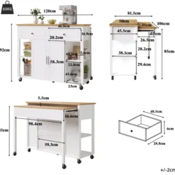 Køkkenø med træstruktur, serveringsvogn med 2 skuffer & bremser, hjul & rigelig opbevaringsplads, alsidig White+Natural