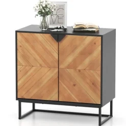 Køkken skænk 80 x 40 x 80 cm COSTWAY, Døre, Metalfødder, Opbevaringsenhed til Stue Spisestue Entré, Sort Svart och naturlig