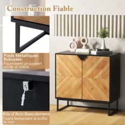Køkken skænk 80 x 40 x 80 cm COSTWAY, Døre, Metalfødder, Opbevaringsenhed til Stue Spisestue Entré, Sort Svart och naturlig