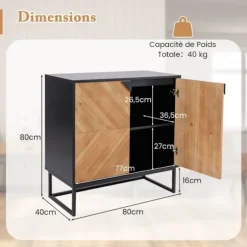 Køkken skænk 80 x 40 x 80 cm COSTWAY, Døre, Metalfødder, Opbevaringsenhed til Stue Spisestue Entré, Sort Svart och naturlig