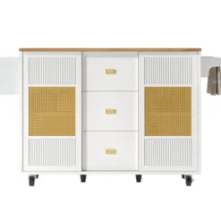 Køkkenø 120x90cm fritstående, udtrækkelig køkkenvogn med hjul, krydderihylde & justerbare hylder, hvid white