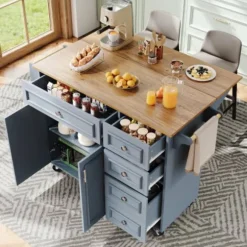Køkkenø 110x45-75x92cm blå - Moderne multifunktionelt skab med vintage mønster, kan bruges som spisebord/serveringsvogn, opbevaringsplads Baby Blue