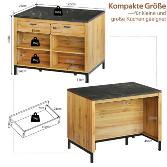 Køkkenø 120x75x90cm landlig stil med 2 skuffer, 4 hylder & barområde, egetræslook & marmorplade Natural