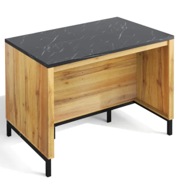 Køkkenø 120x75x90cm landlig stil med 2 skuffer, 4 hylder & barområde, egetræslook & marmorplade Natural