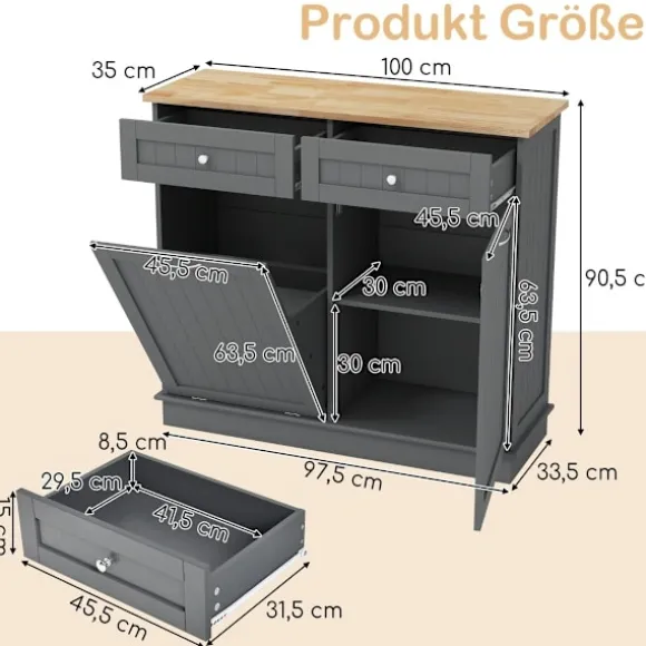 Køkkenaffaldsskab med 42 liters spand, skuffer og hylde