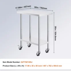 Køkkenarbejdsbord Rustfrit Stål-Duoku-Forberedelsesbord-762 x 457 x 954,6 mm-4 Hjul-3 Justerbare Højdeindstillinger
