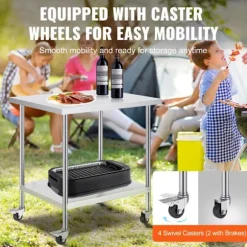 Køkkenarbejdsbord Rustfrit Stål-Duoku-Forberedelsesbord-762 x 457 x 954,6 mm-4 Hjul-3 Justerbare Højdeindstillinger