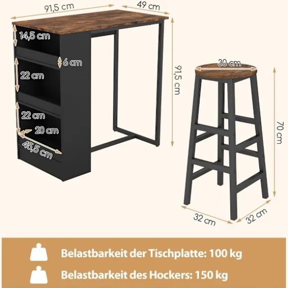 Køkkenbord med 2 taburetter, pladsbesparende bistrobord, bordbord, spisebordssæt, barbord