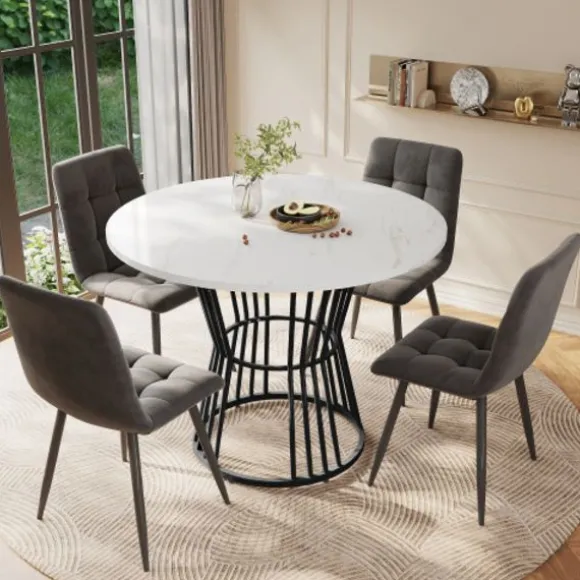 Køkkenbord med hvid marmorplade og metalben, robust metalstel, moderne spisebord, 1 stk Black