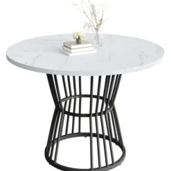 Køkkenbord med hvid marmorplade og metalben, robust metalstel, moderne spisebord, 1 stk Black