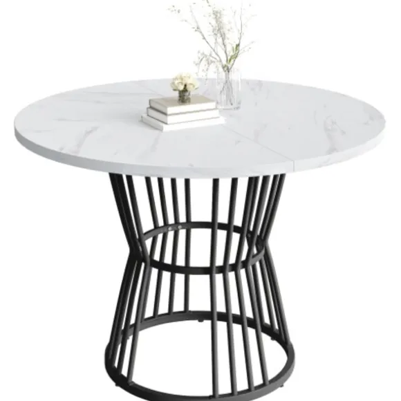 Køkkenbord med hvid marmorplade og metalben, robust metalstel, moderne spisebord, 1 stk Black