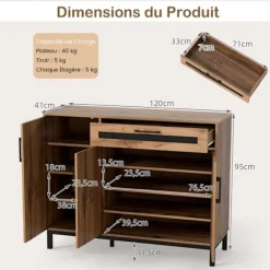 Køkkenbuffet med Skuffe og 3 Døre COSTWAY 120 x 41 x 95 cm, Aftagelige Hylder, Opbevaringsorganisator til Entré Stue