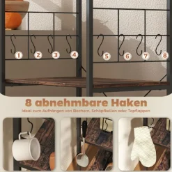 Køkkenhylde, 4-lags, bordplade, 8 kroge, metal, brun/sort