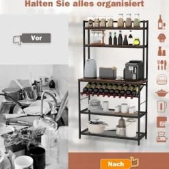Køkkenhylde med vinholder op til 10 flasker & bordplade & 5 hylder bagerist brun