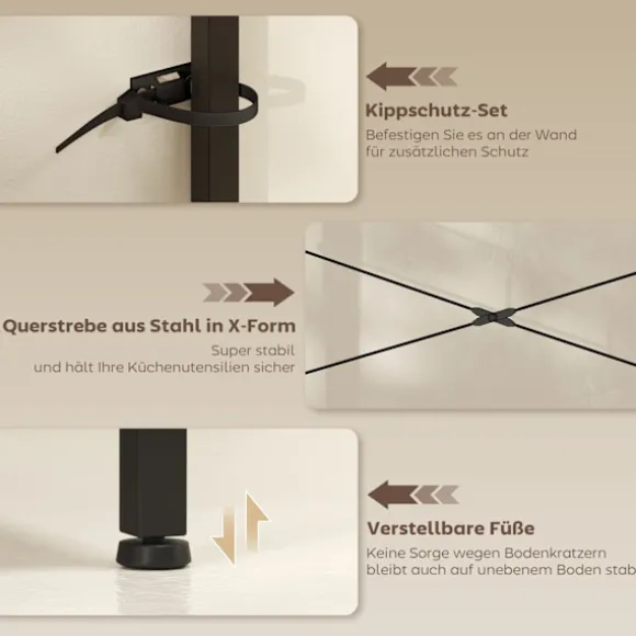 Køkkenreol med 2 udtag, 5 kroge, 5 niveauer, stål