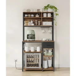 Køkkenreol med stikdåse, kaffebar med justerbare hylder, 40 x 80 x 180,2 cm, brun og blæksort