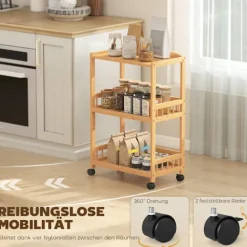 Køkkenvogn i bambus med hjul – 3 hylder, naturtræ