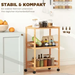 Køkkenvogn i bambus med hjul – 3 hylder, naturtræ